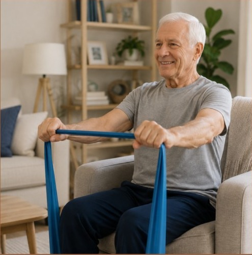 Older adult doing resistance band exercises at home